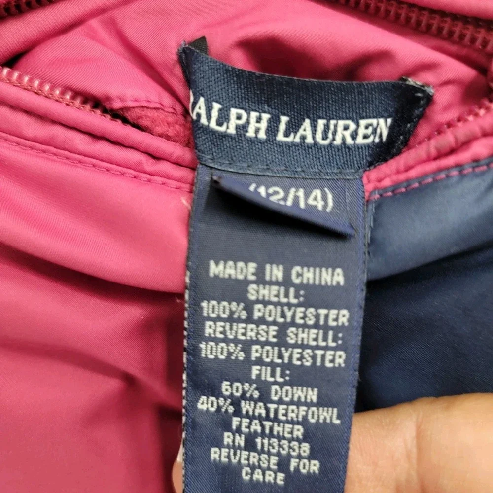 Polo‎ Ralph Lauren Girls 12-14 Puffer Vest Down Feather Fill Reversable Crest